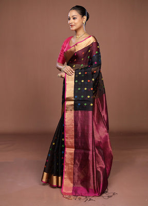 Black Handloom Matka Pure Silk Saree With Blouse Piece