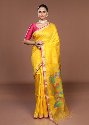Yellow Handloom Matka Pure Silk Saree With Blouse Piece