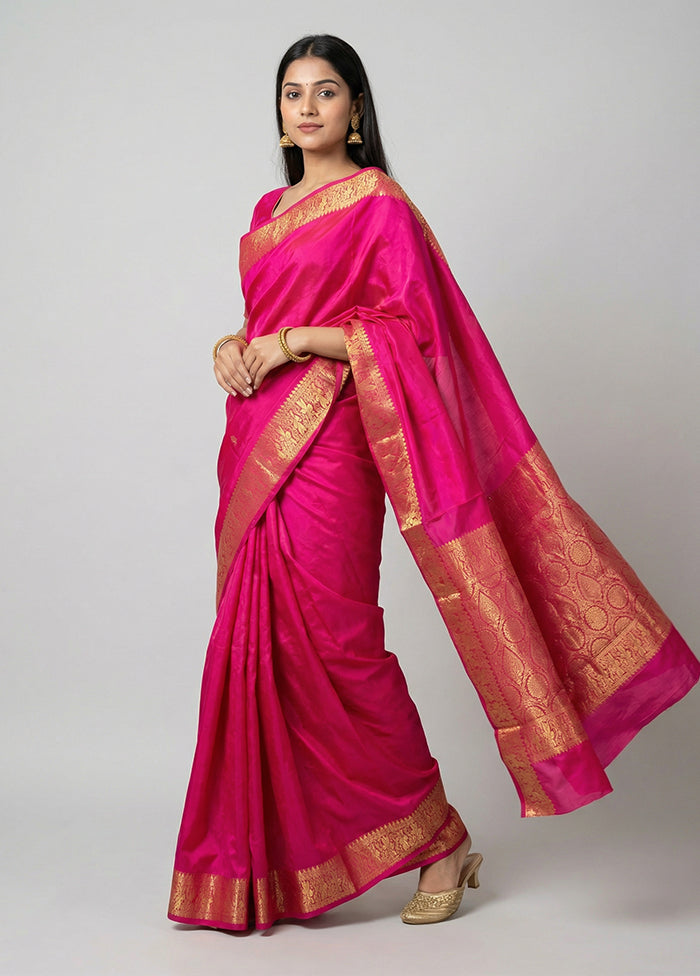 Pink Handloom Kanjivaram Pure Silk Saree With Blouse Piece