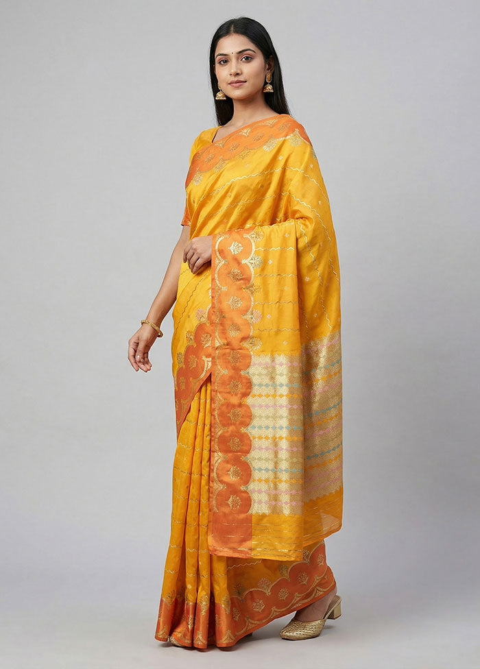 Yellow Dupion Silk Saree With Blouse Piece