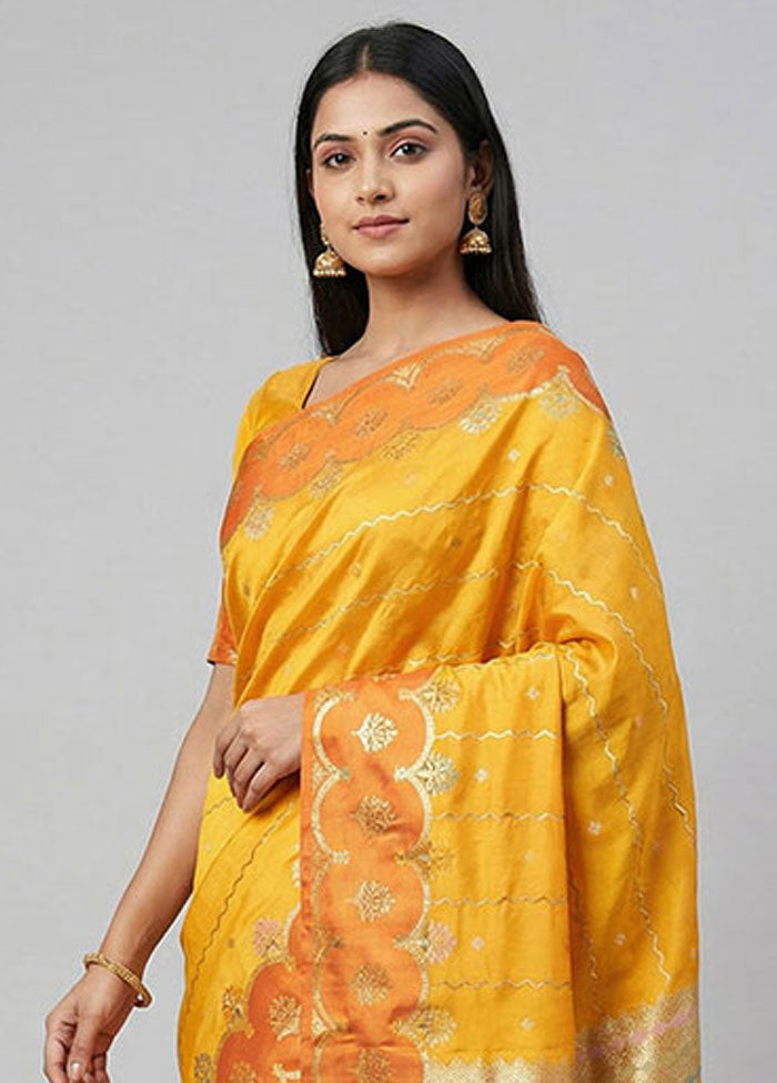 Yellow Dupion Silk Saree With Blouse Piece