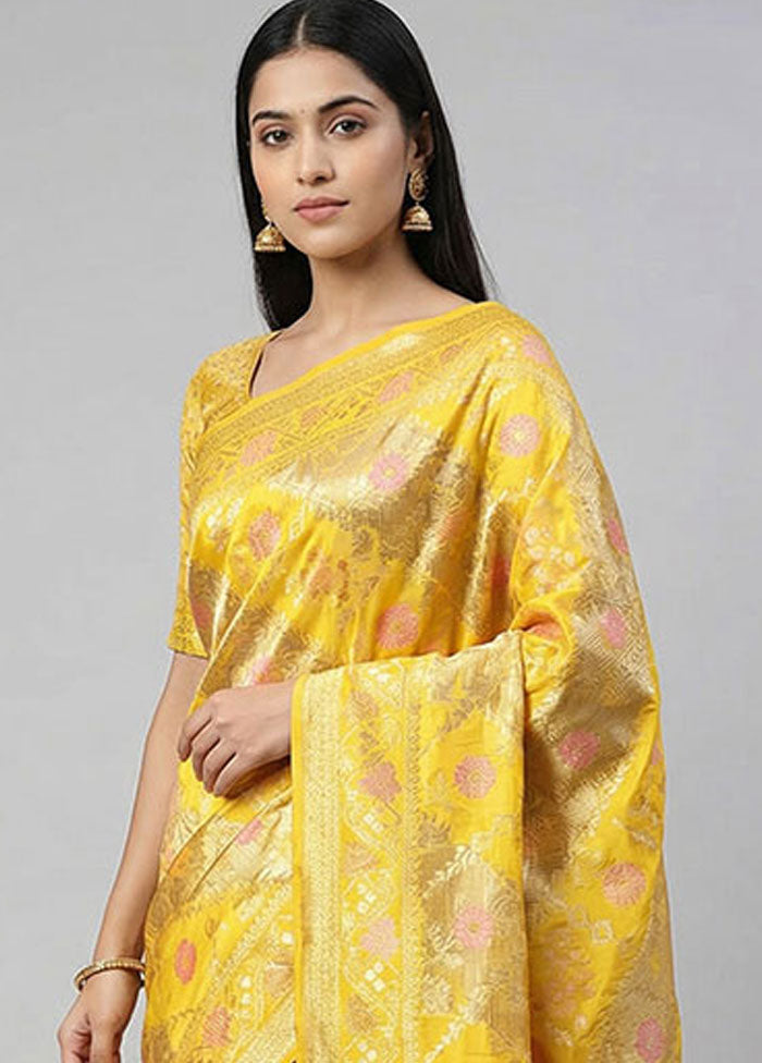 Yellow Dupion Silk Saree With Blouse Piece