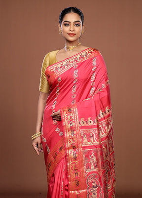 Pink Handloom Baluchari Pure Silk Saree With Blouse Piece