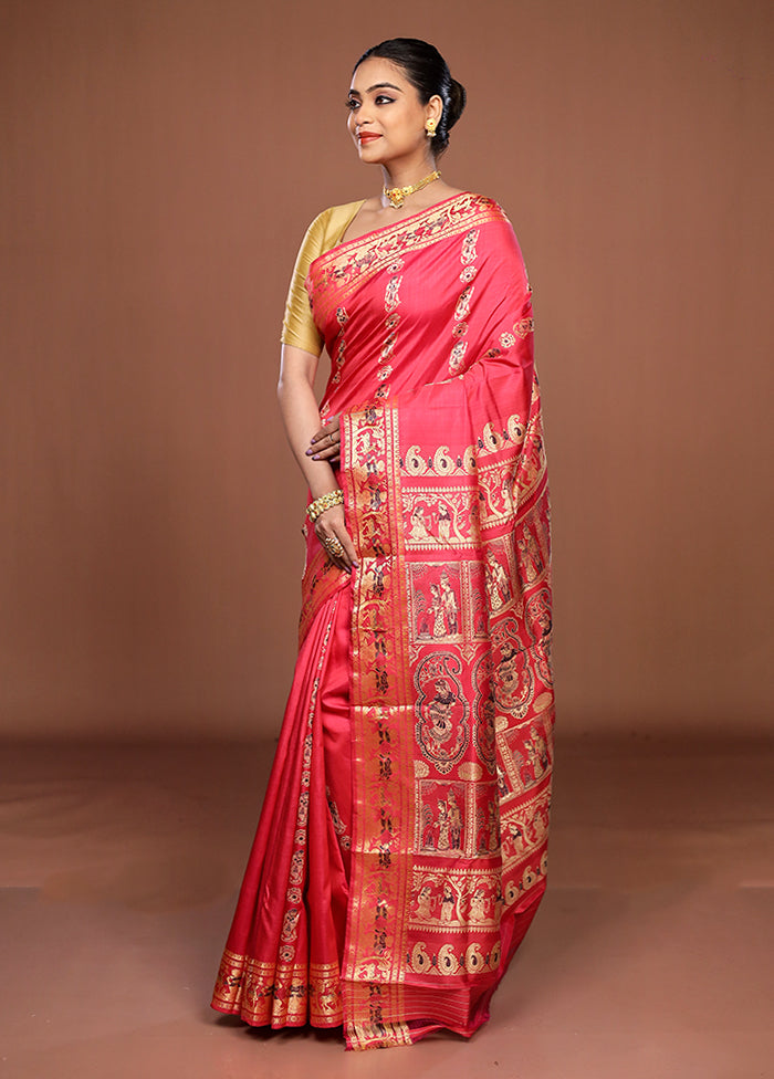 Pink Handloom Baluchari Pure Silk Saree With Blouse Piece