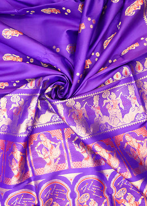 Purple Handloom Baluchari Pure Silk Saree With Blouse Piece