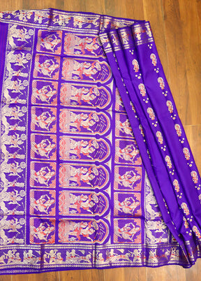 Purple Handloom Baluchari Pure Silk Saree With Blouse Piece
