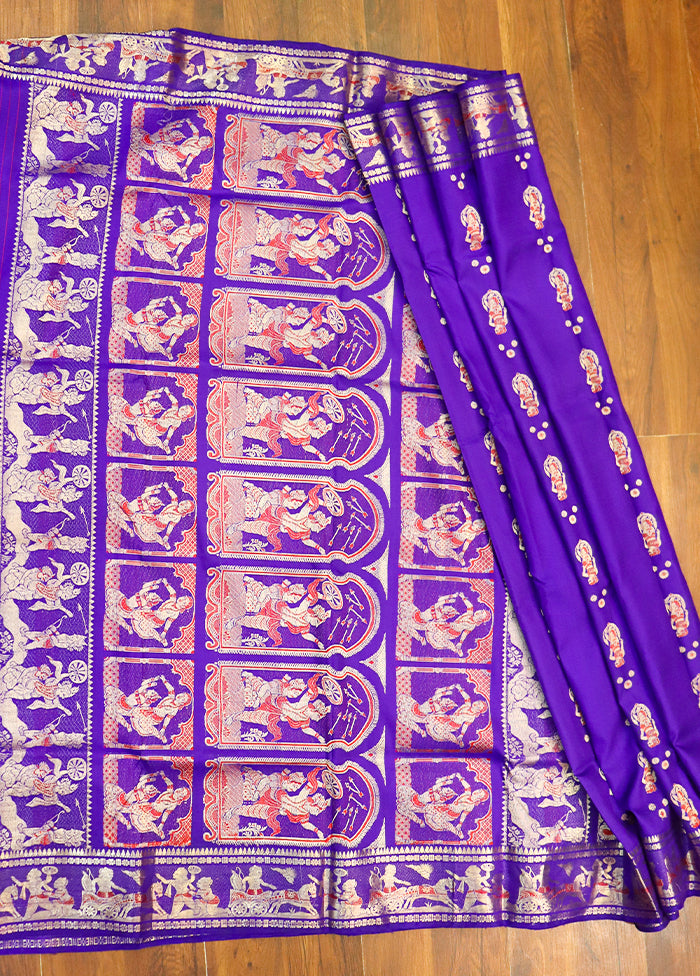 Purple Handloom Baluchari Pure Silk Saree With Blouse Piece