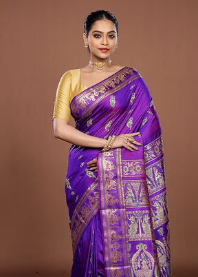 Purple Handloom Baluchari Pure Silk Saree With Blouse Piece