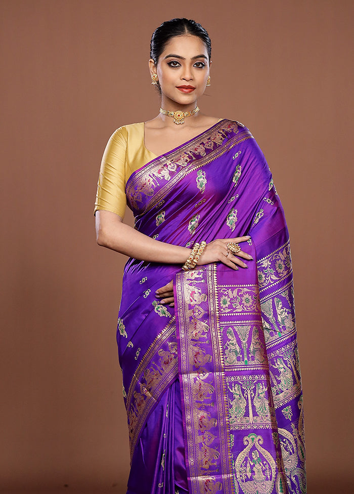 Purple Handloom Baluchari Pure Silk Saree With Blouse Piece