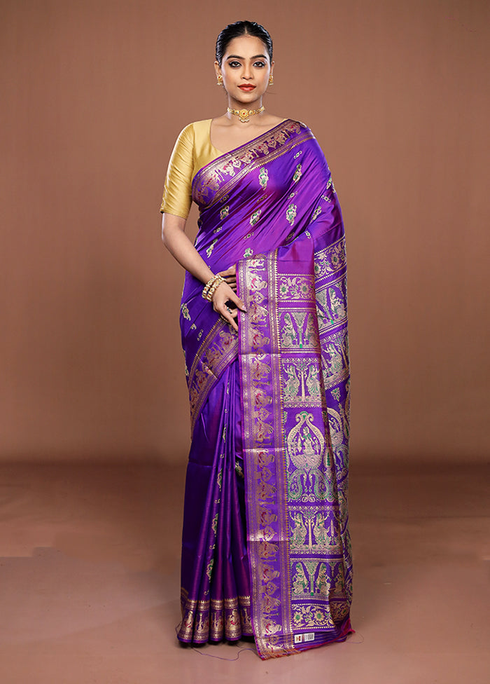 Purple Handloom Baluchari Pure Silk Saree With Blouse Piece