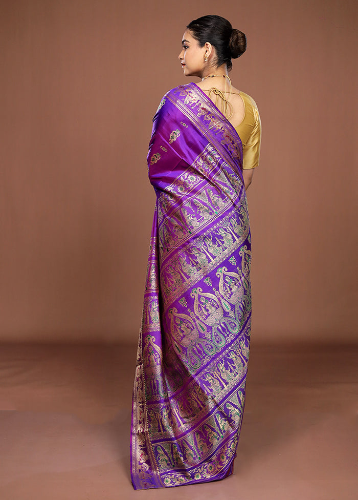 Purple Handloom Baluchari Pure Silk Saree With Blouse Piece