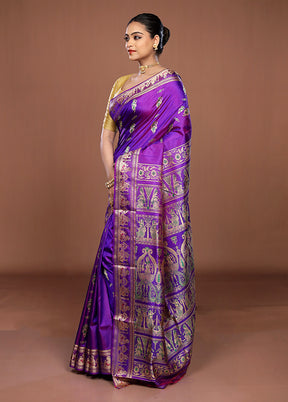 Purple Handloom Baluchari Pure Silk Saree With Blouse Piece