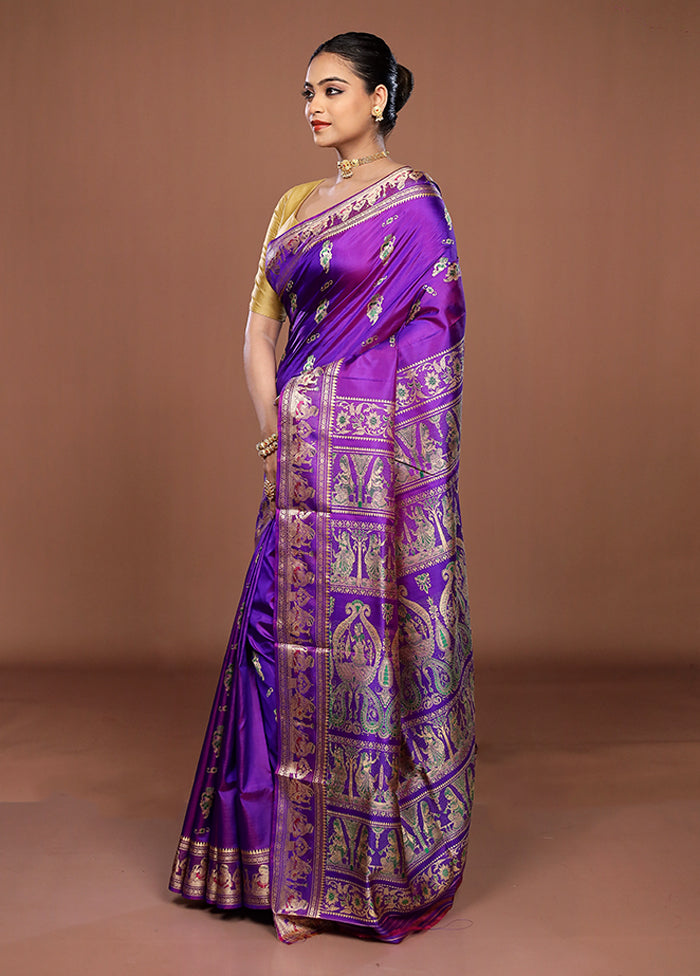 Purple Handloom Baluchari Pure Silk Saree With Blouse Piece