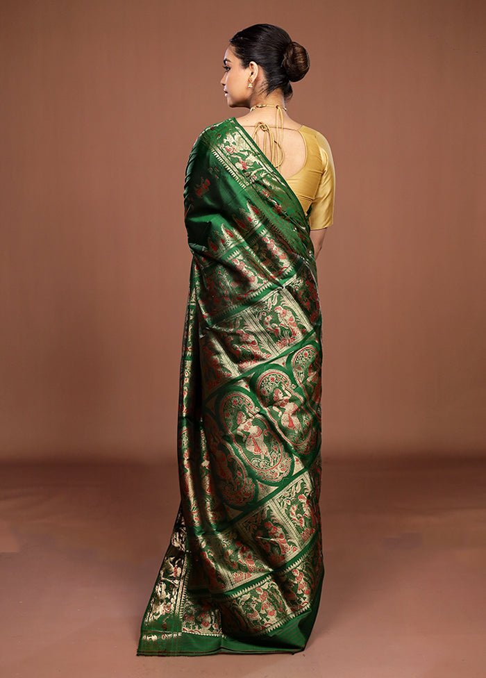 Green Handloom Baluchari Pure Silk Saree With Blouse Piece