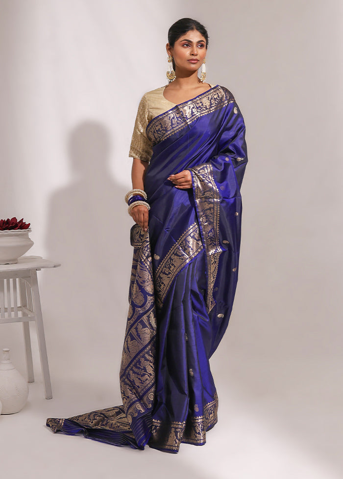 Blue Handloom Baluchari Pure Silk Saree With Blouse Piece
