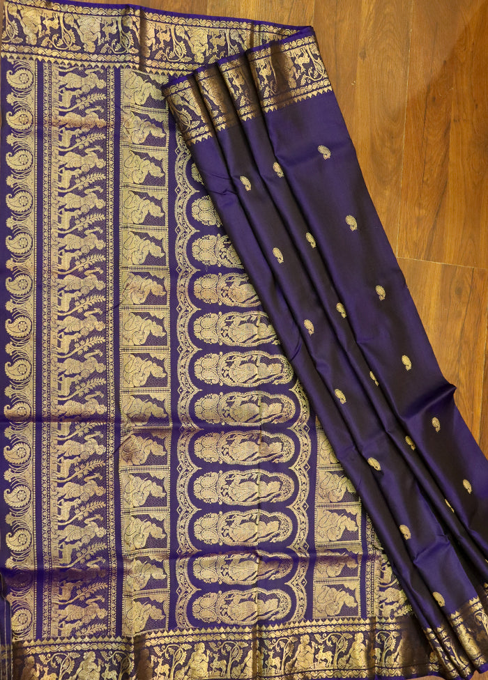 Purple Handloom Baluchari Pure Silk Saree With Blouse Piece