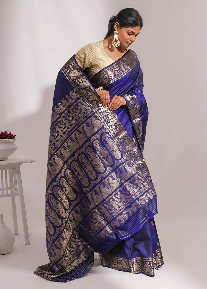 Blue Handloom Baluchari Pure Silk Saree With Blouse Piece