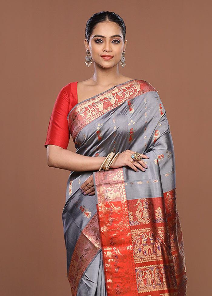 Grey Handloom Baluchari Pure Silk Saree With Blouse Piece