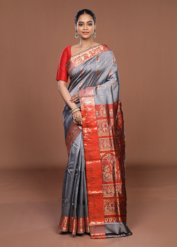 Grey Handloom Baluchari Pure Silk Saree With Blouse Piece