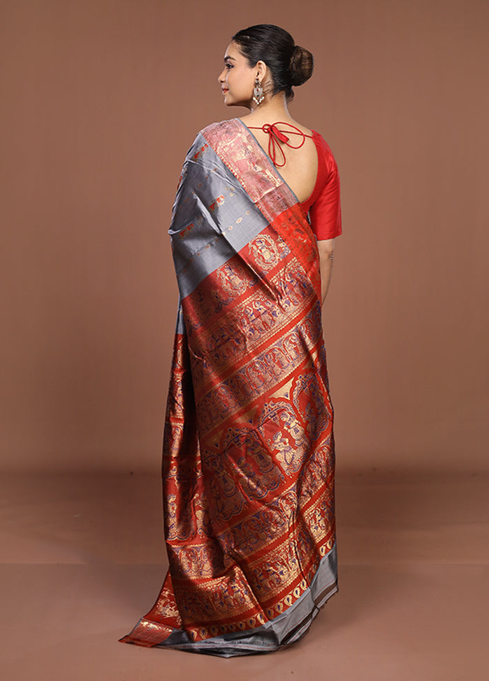 Grey Handloom Baluchari Pure Silk Saree With Blouse Piece