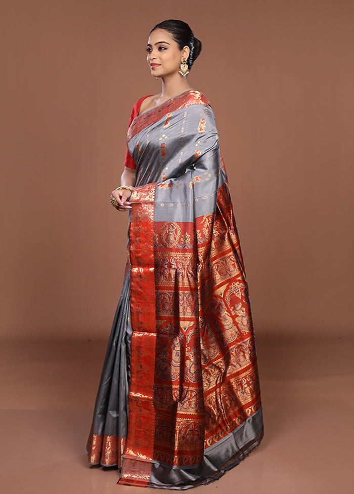Grey Handloom Baluchari Pure Silk Saree With Blouse Piece