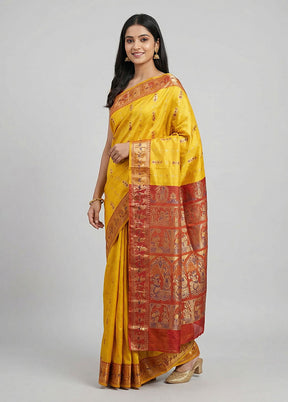 Yellow Handloom Baluchari Pure Silk Saree With Blouse Piece