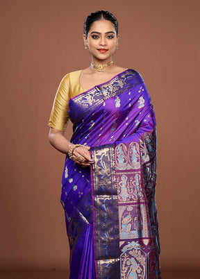 Purple Handloom Baluchari Pure Silk Saree With Blouse Piece