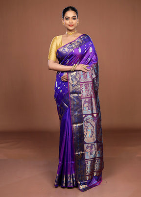 Purple Handloom Baluchari Pure Silk Saree With Blouse Piece