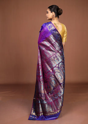 Purple Handloom Baluchari Pure Silk Saree With Blouse Piece