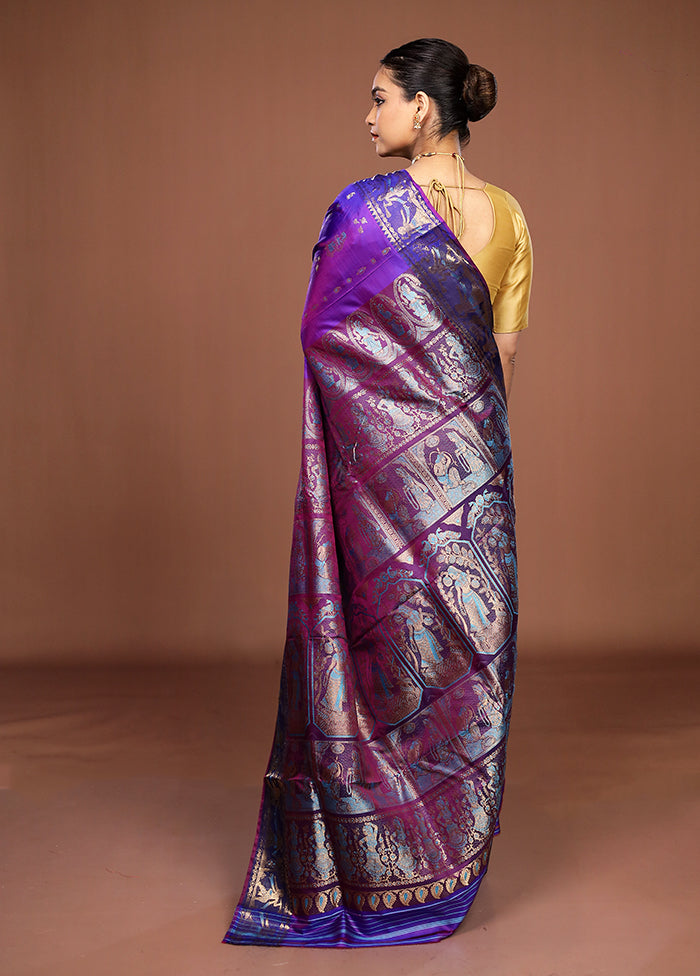 Purple Handloom Baluchari Pure Silk Saree With Blouse Piece
