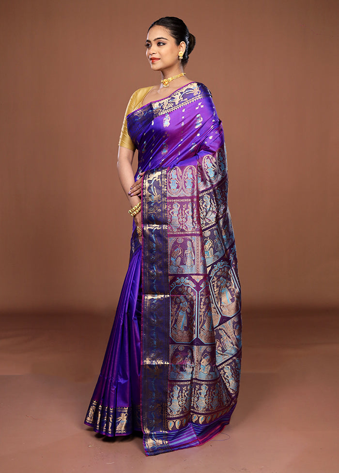 Purple Handloom Baluchari Pure Silk Saree With Blouse Piece