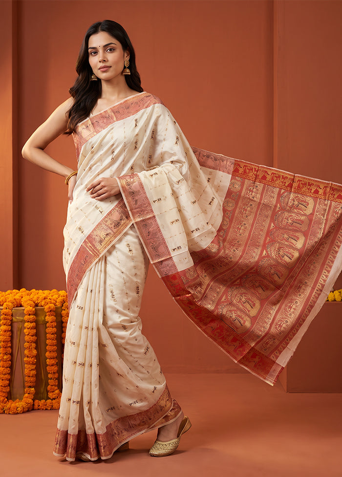 White Handloom Baluchari Pure Silk Saree With Blouse Piece