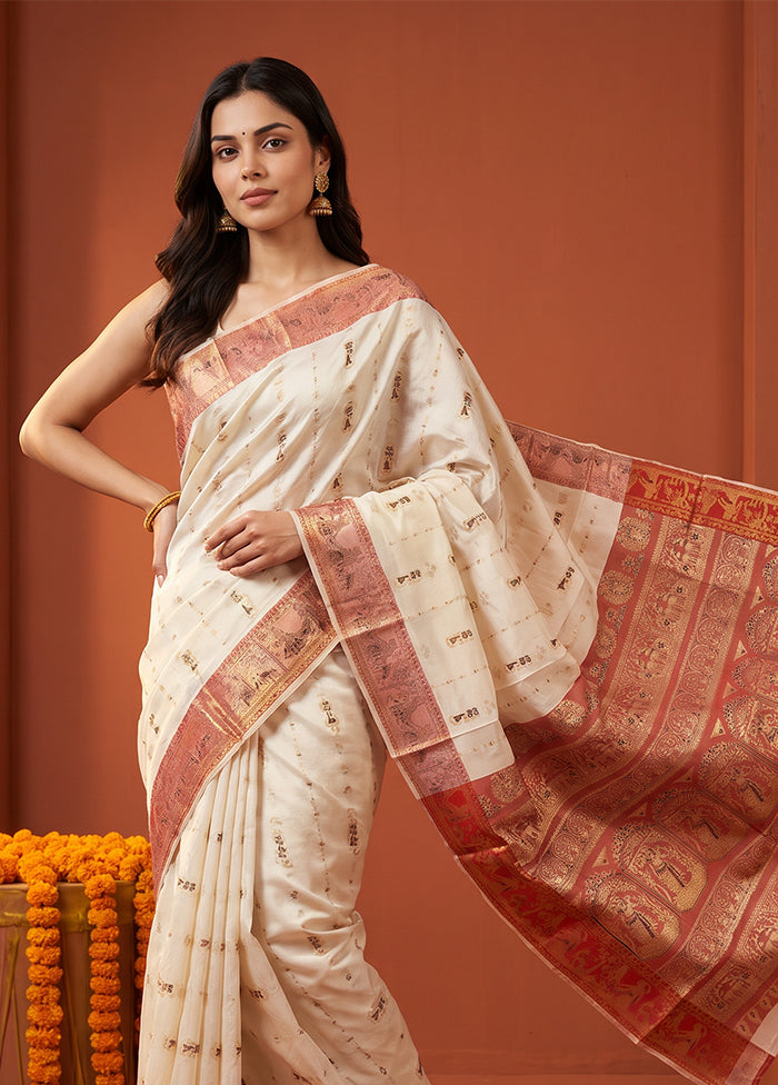 White Handloom Baluchari Pure Silk Saree With Blouse Piece