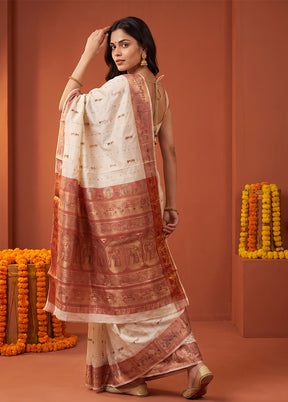 White Handloom Baluchari Pure Silk Saree With Blouse Piece