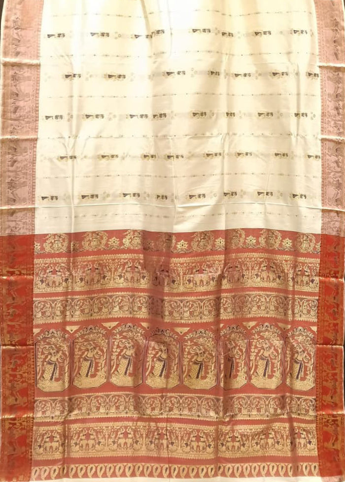 White Handloom Baluchari Pure Silk Saree With Blouse Piece