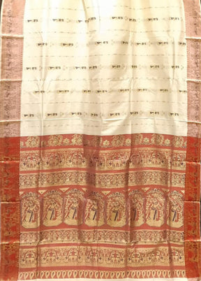 White Handloom Baluchari Pure Silk Saree With Blouse Piece