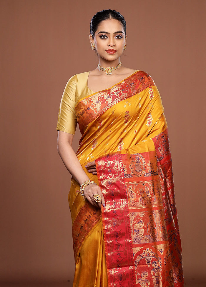 Yellow Handloom Baluchari Pure Silk Saree With Blouse Piece