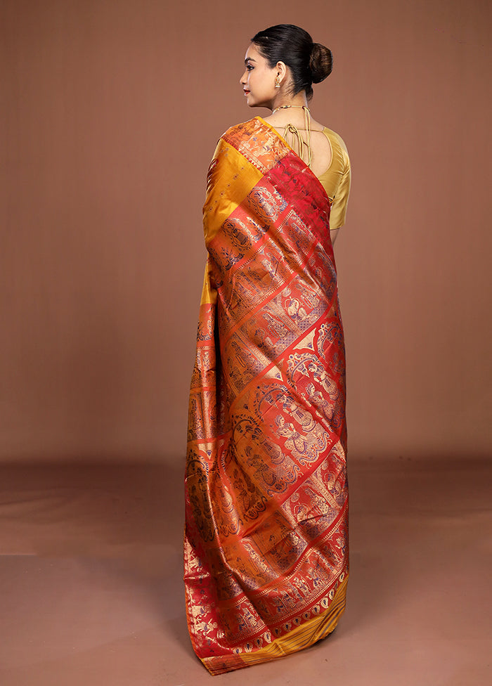Yellow Handloom Baluchari Pure Silk Saree With Blouse Piece