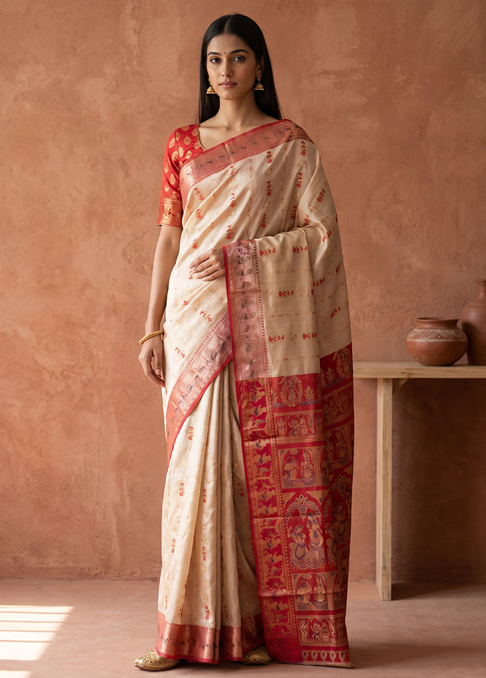 Cream Handloom Baluchari Pure Silk Saree With Blouse Piece