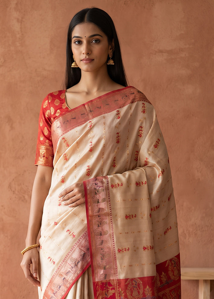 Cream Handloom Baluchari Pure Silk Saree With Blouse Piece