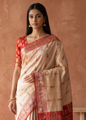Cream Handloom Baluchari Pure Silk Saree With Blouse Piece