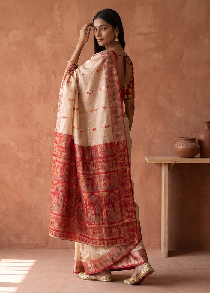 Cream Handloom Baluchari Pure Silk Saree With Blouse Piece