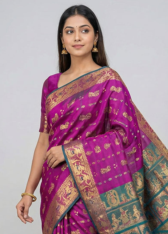 Purple Handloom Baluchari Pure Silk Saree With Blouse Piece