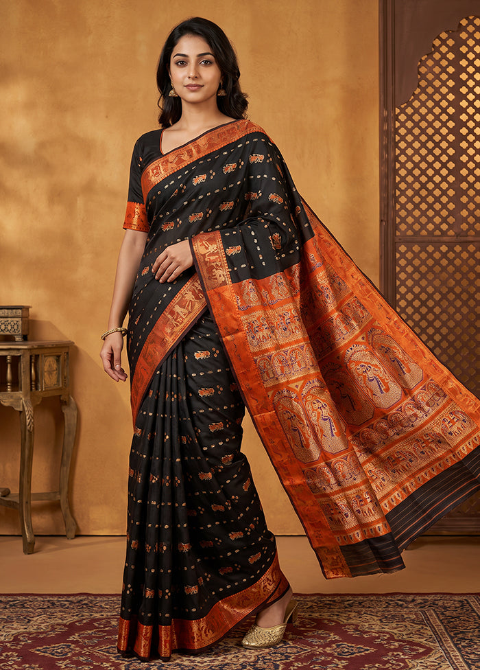 Black Handloom Baluchari Pure Silk Saree With Blouse Piece