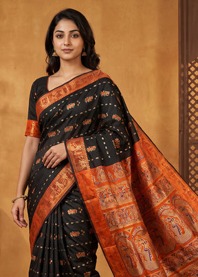 Black Handloom Baluchari Pure Silk Saree With Blouse Piece
