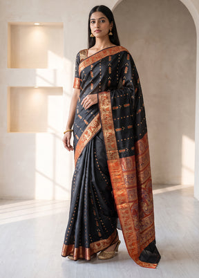 Black Handloom Baluchari Pure Silk Saree With Blouse Piece