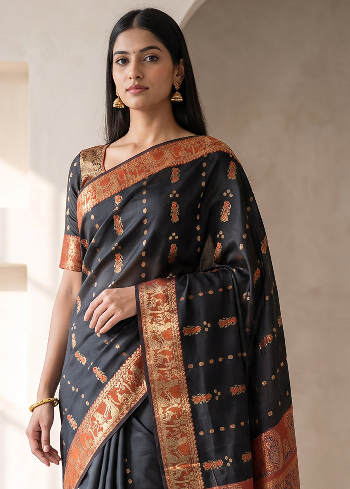 Black Handloom Baluchari Pure Silk Saree With Blouse Piece