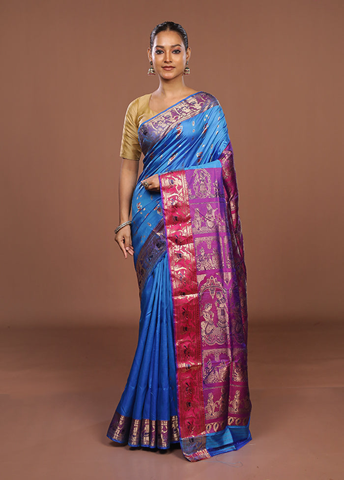 Blue Handloom Baluchari Pure Silk Saree With Blouse Piece