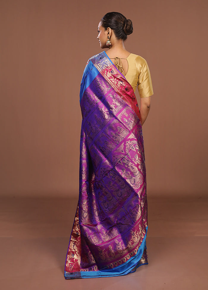 Blue Handloom Baluchari Pure Silk Saree With Blouse Piece