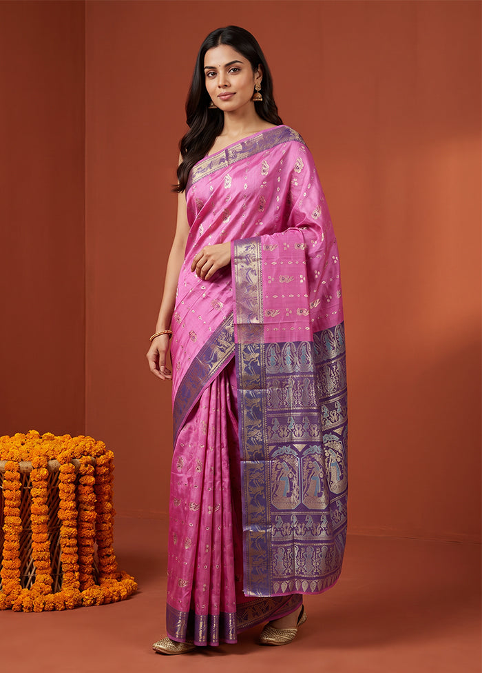 Pink Handloom Baluchari Pure Silk Saree With Blouse Piece